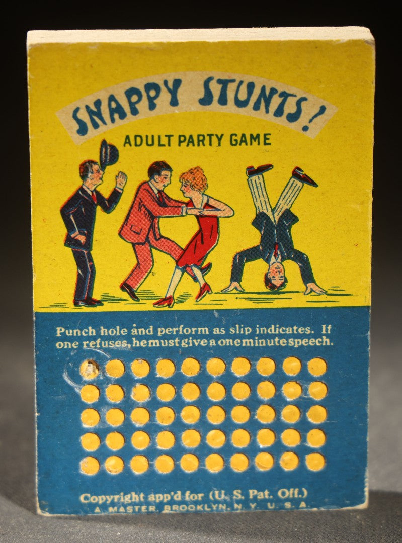 Trio of Vintage Novelty Boxes including Rani Hindu Incense Room Deodorant by Hindu Incense Chicago 1974, Snappy Stunts Adult Party Game by A. Master Brooklyn, and Select Confections by Universal Salesman Co.