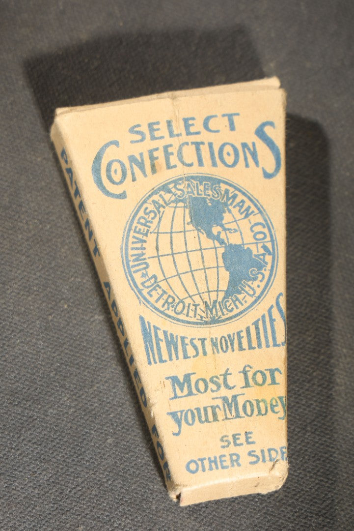 Trio of Vintage Novelty Boxes including Rani Hindu Incense Room Deodorant by Hindu Incense Chicago 1974, Snappy Stunts Adult Party Game by A. Master Brooklyn, and Select Confections by Universal Salesman Co.