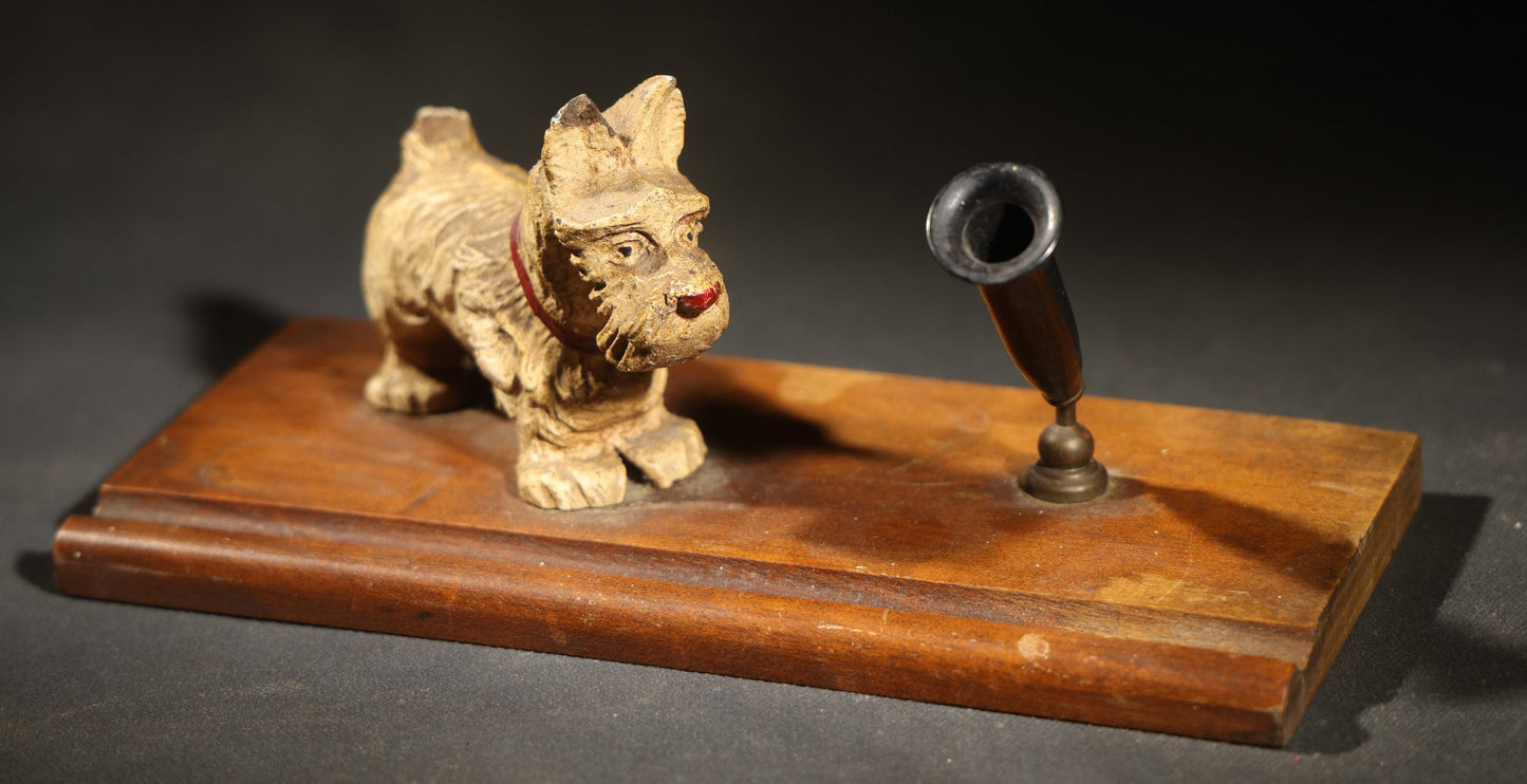 Vintage Composite Scottie Dog Figural Pen Stand with Wooden Base and Metal Pen Holder, note damaged tail