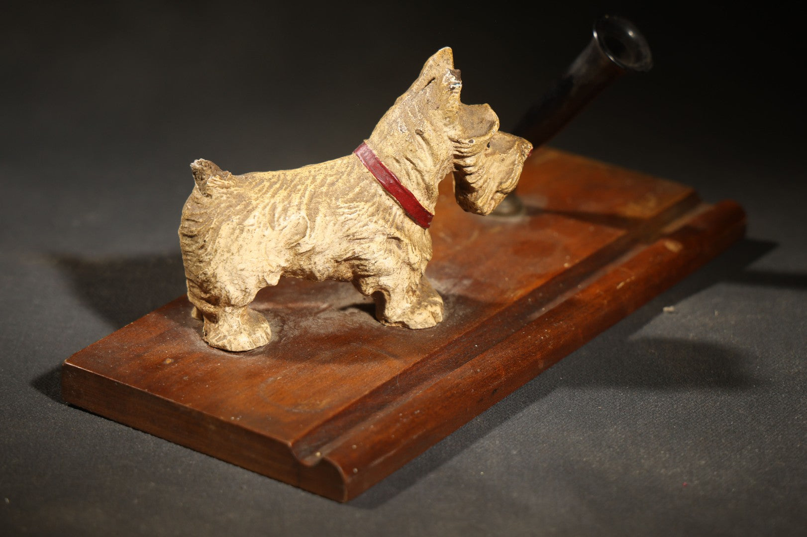 Vintage Composite Scottie Dog Figural Pen Stand with Wooden Base and Metal Pen Holder, note damaged tail