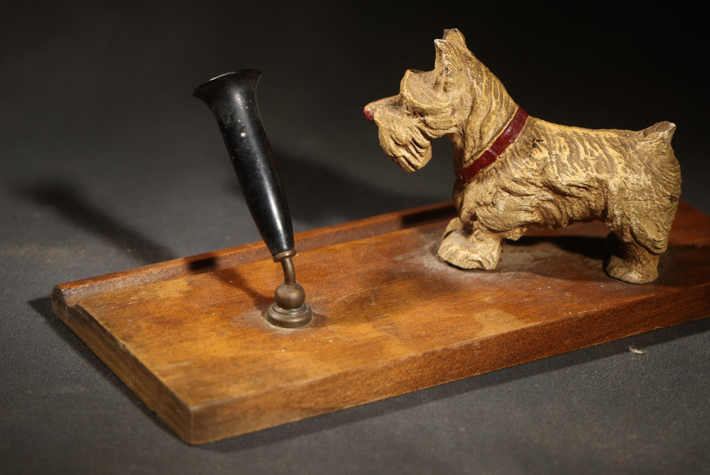 Vintage Composite Scottie Dog Figural Pen Stand with Wooden Base and Metal Pen Holder, note damaged tail