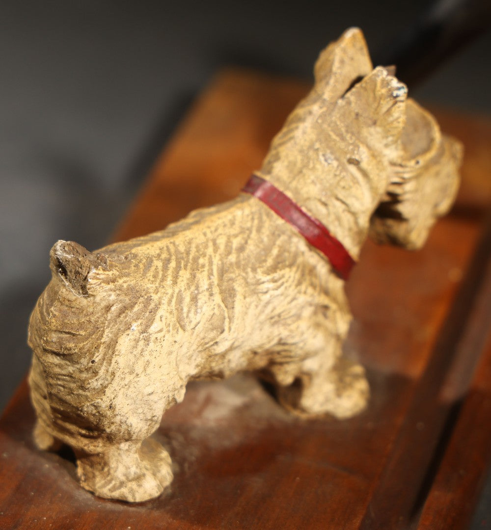 Vintage Composite Scottie Dog Figural Pen Stand with Wooden Base and Metal Pen Holder, note damaged tail