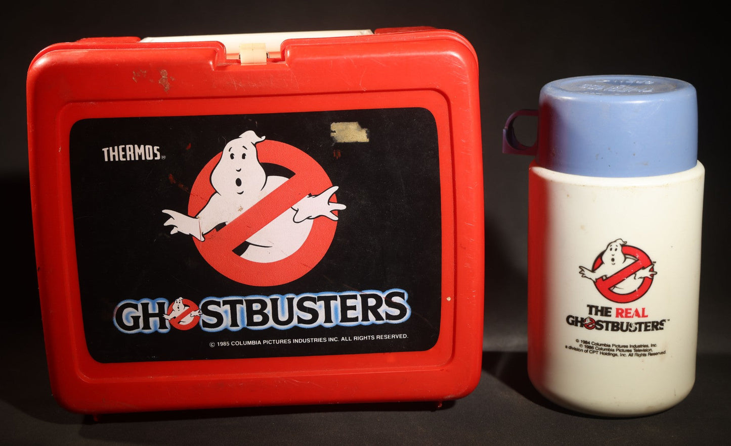 Vintage Ghostbusters Lunchbox and Thermos Set, "The Real Ghostbusters" Animated Series, Red Plastic with No-Ghost Logo, Thermos Brand, 1986