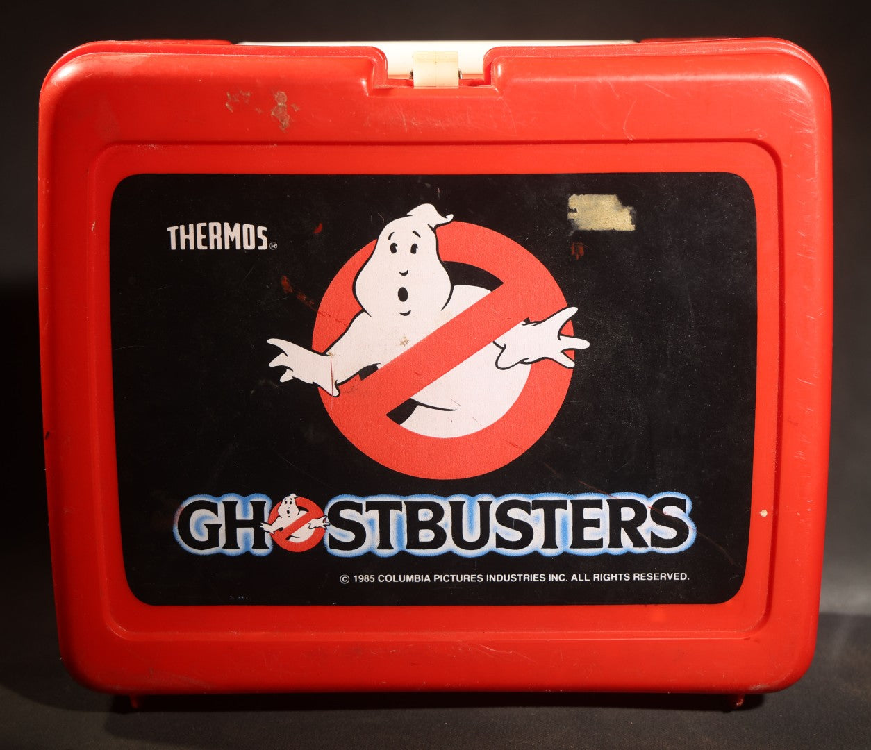 Vintage Ghostbusters Lunchbox and Thermos Set, "The Real Ghostbusters" Animated Series, Red Plastic with No-Ghost Logo, Thermos Brand, 1986