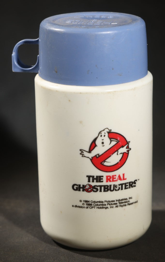 Vintage Ghostbusters Lunchbox and Thermos Set, "The Real Ghostbusters" Animated Series, Red Plastic with No-Ghost Logo, Thermos Brand, 1986