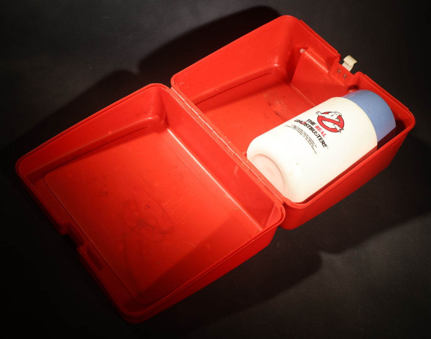 Vintage Ghostbusters Lunchbox and Thermos Set, "The Real Ghostbusters" Animated Series, Red Plastic with No-Ghost Logo, Thermos Brand, 1986