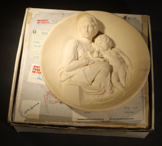 Vintage Madonna and Child Composite Marble Wall Plaque Relief "Madonna Pensosa" after A. Santini Number 8453 Dante Studio Italy 1978 with Certificate and Original Box