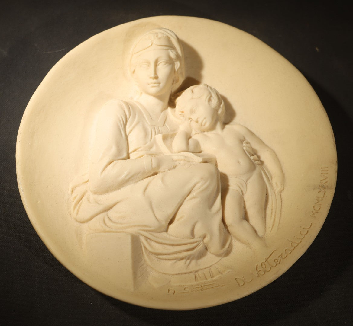 Vintage Madonna and Child Composite Marble Wall Plaque Relief "Madonna Pensosa" after A. Santini Number 8453 Dante Studio Italy 1978 with Certificate and Original Box