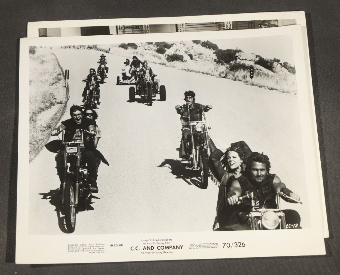 Grouping of Six Vintage Motorcycle Film Promotional Photographs including "The Wild Rebels," "C.C. and Company," "The Hellcats," 1960s-1970s