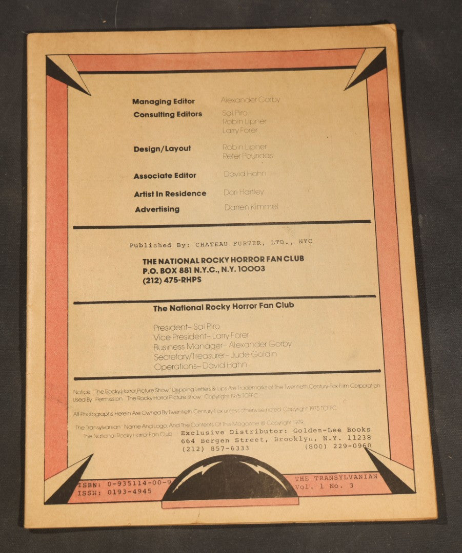 Vintage "The Transylvanian" Vol. 1 No. 3, National Rocky Horror Fan Club Magazine, Missing Cover, 1979