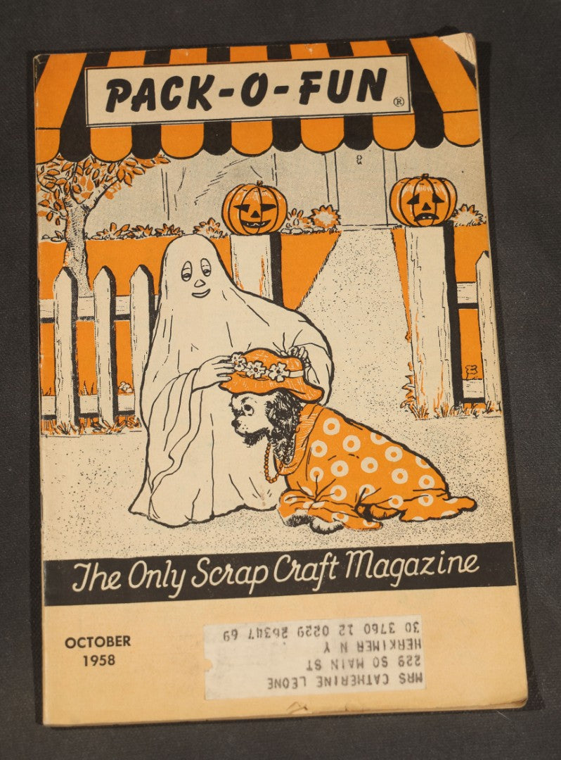 Vintage "Pack-O-Fun" Halloween Craft Magazine, October 1958, Ghost and Jack-O-Lantern Cover, "The Only Scrap Craft Magazine"