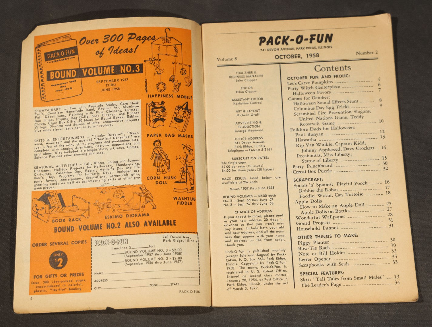 Vintage "Pack-O-Fun" Halloween Craft Magazine, October 1958, Ghost and Jack-O-Lantern Cover, "The Only Scrap Craft Magazine"