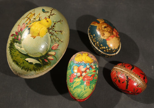 Grouping of four Vintage Paper Easter Eggs including Chicks and Rabbits, Three Marked Germany, one Western Germany