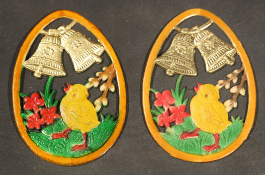 Pair of Vintage Embossed Die Cut Easter Egg Decorations with Chicks, Bells and Flowers, Likely Made in Germany