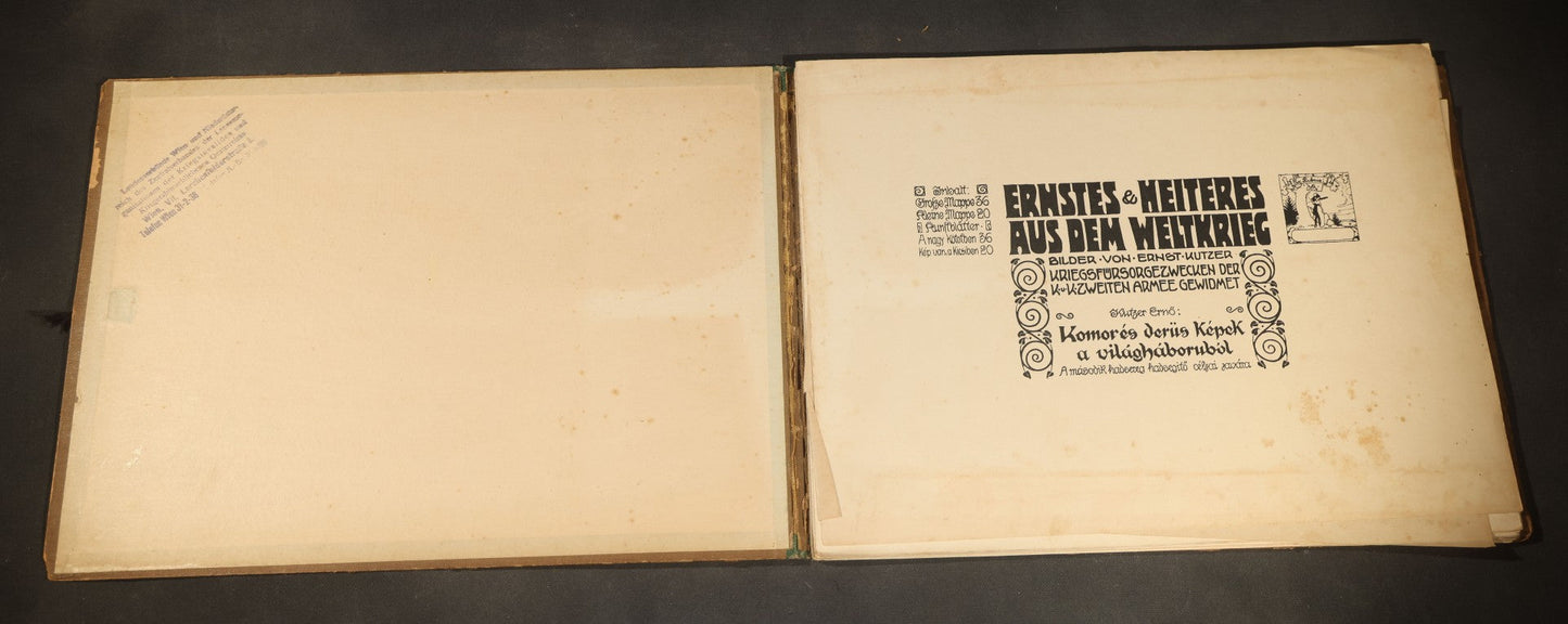 "Ernstes & Heiteres aus dem Weltkrieg" ("Serious and Humorous from the World War") Antique World War One Illustrated Folio Book by Ernst Kutzer, Vienna