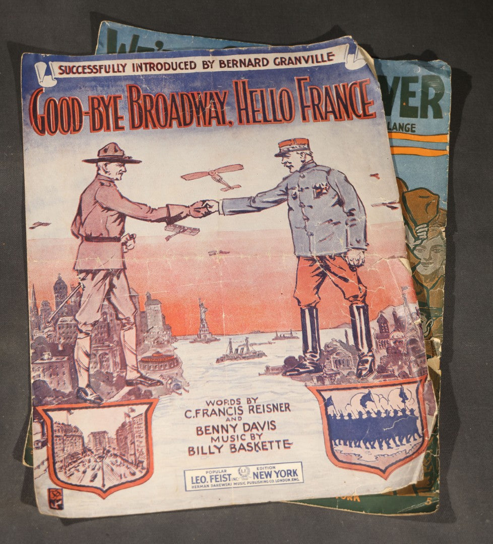 Grouping of four Antique Sheet Music including "We're Going Over," "Good-Bye Broadway, Hello France," "Strolling 'Round the Camp with Mary / Atta Boy," and "The Stars and Stripes Forever!" by John Philip Sousa