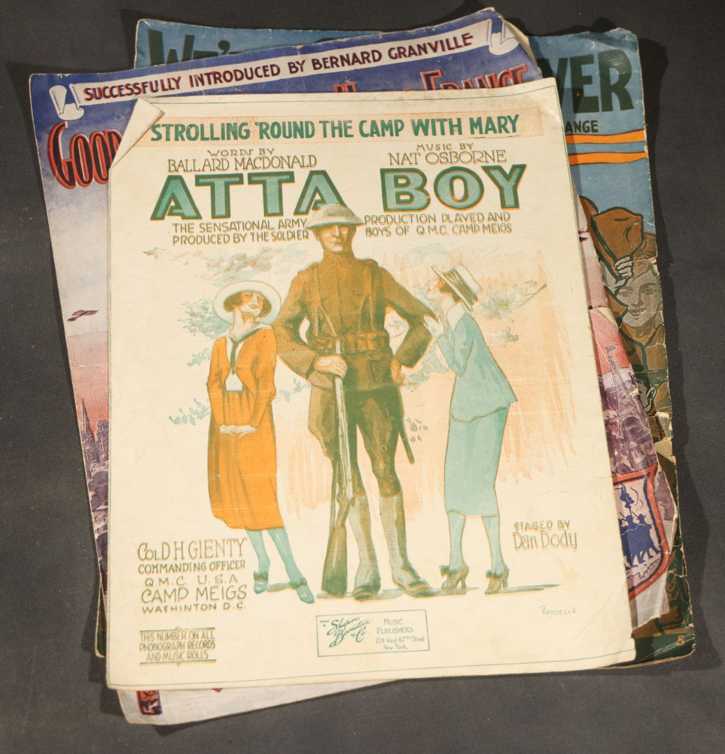 Grouping of four Antique Sheet Music including "We're Going Over," "Good-Bye Broadway, Hello France," "Strolling 'Round the Camp with Mary / Atta Boy," and "The Stars and Stripes Forever!" by John Philip Sousa