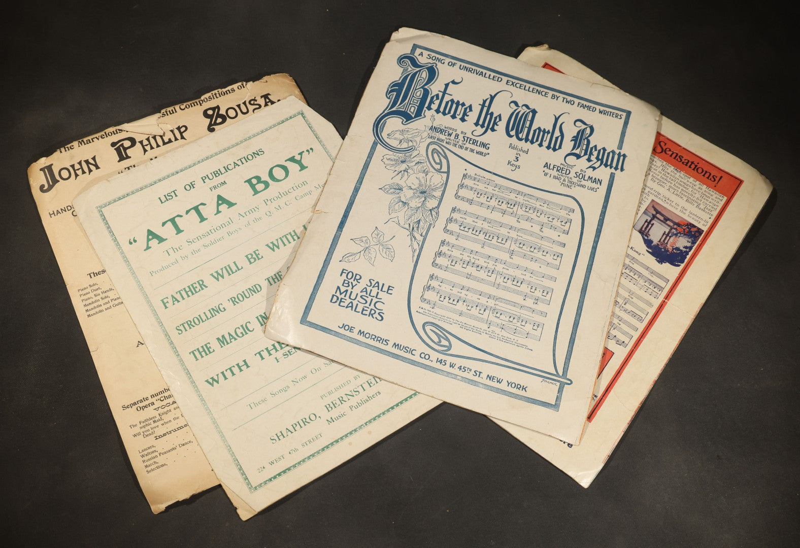 Grouping of four Antique Sheet Music including "We're Going Over," "Good-Bye Broadway, Hello France," "Strolling 'Round the Camp with Mary / Atta Boy," and "The Stars and Stripes Forever!" by John Philip Sousa