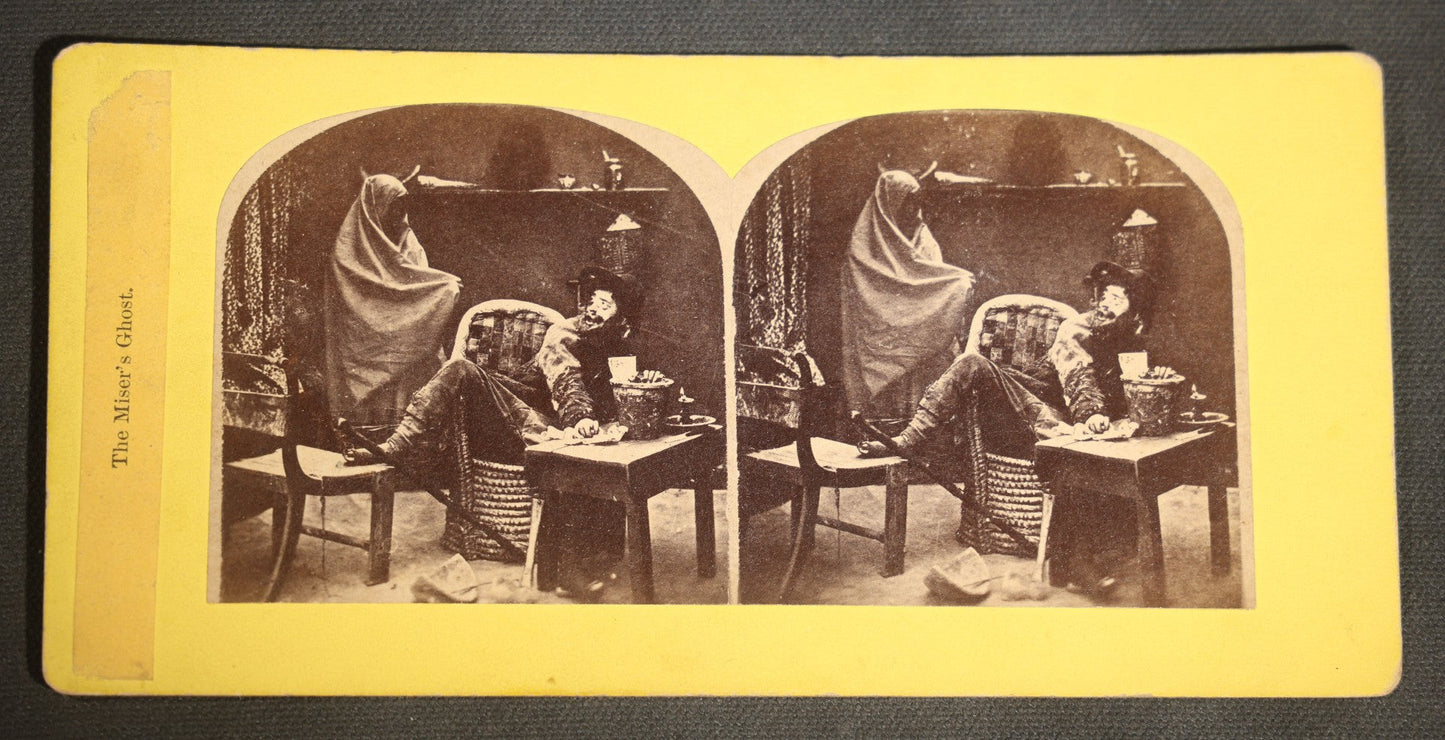 Antique Stereoview Card "The Miser's Ghost" Ghost Scene with Draped Figure and Seated Man at Table