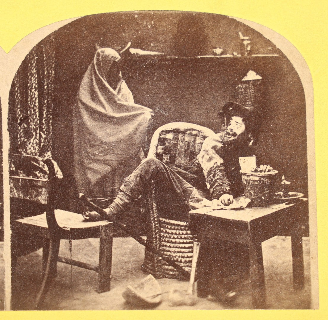 Antique Stereoview Card "The Miser's Ghost" Ghost Scene with Draped Figure and Seated Man at Table