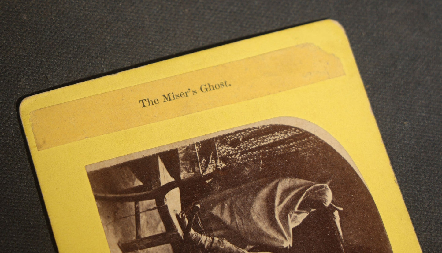 Antique Stereoview Card "The Miser's Ghost" Ghost Scene with Draped Figure and Seated Man at Table