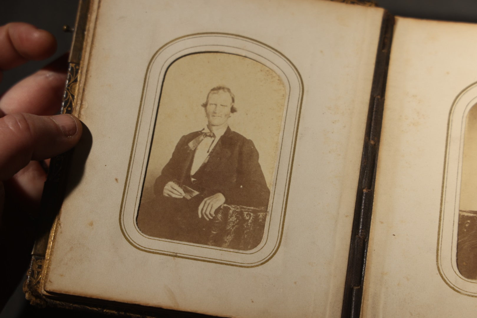 Antique Portrait Photo Album Containing 32 Tintype Photographs and 11 Carte de Visite C.D.V. Photographs, Leather Binding with Gauffered Edges, manufactured by Altemus & Co., Philadelphia, circa 1860s