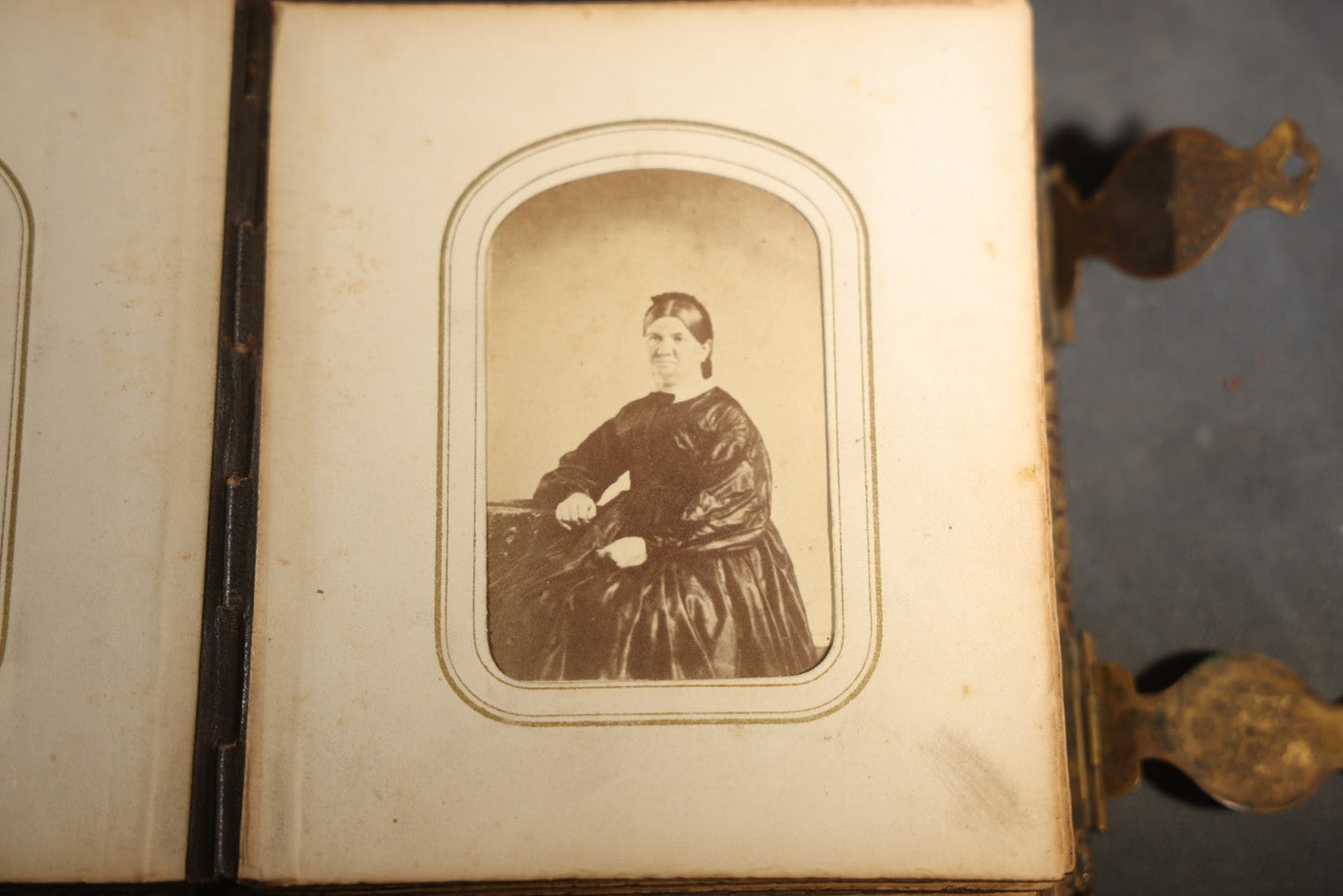 Antique Portrait Photo Album Containing 32 Tintype Photographs and 11 Carte de Visite C.D.V. Photographs, Leather Binding with Gauffered Edges, manufactured by Altemus & Co., Philadelphia, circa 1860s
