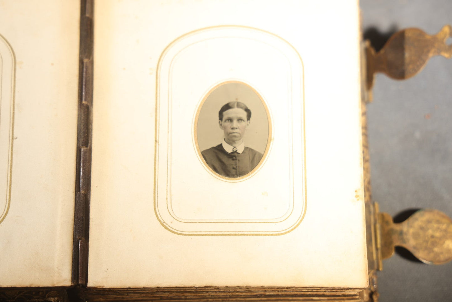 Antique Portrait Photo Album Containing 32 Tintype Photographs and 11 Carte de Visite C.D.V. Photographs, Leather Binding with Gauffered Edges, manufactured by Altemus & Co., Philadelphia, circa 1860s