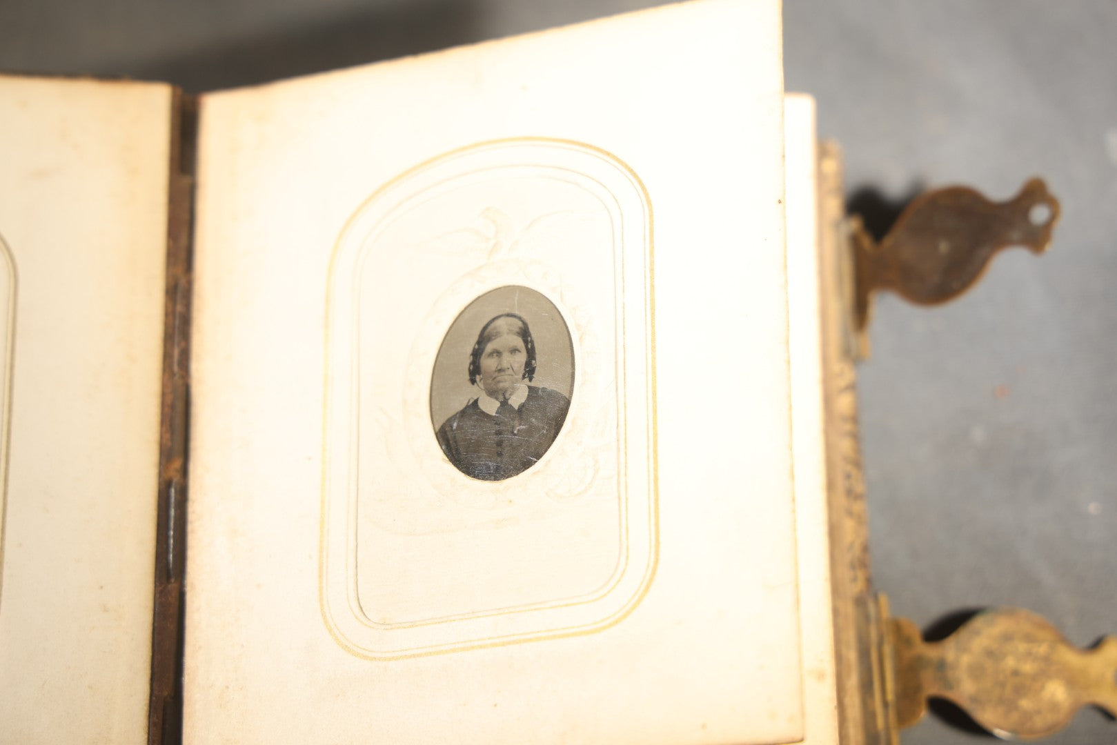 Antique Portrait Photo Album Containing 32 Tintype Photographs and 11 Carte de Visite C.D.V. Photographs, Leather Binding with Gauffered Edges, manufactured by Altemus & Co., Philadelphia, circa 1860s
