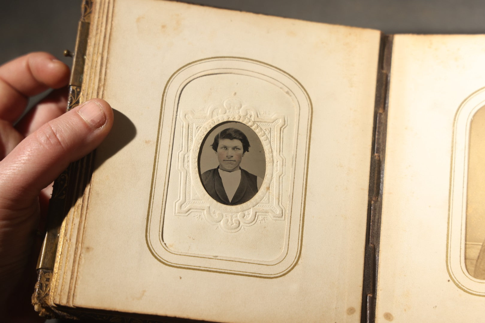 Antique Portrait Photo Album Containing 32 Tintype Photographs and 11 Carte de Visite C.D.V. Photographs, Leather Binding with Gauffered Edges, manufactured by Altemus & Co., Philadelphia, circa 1860s