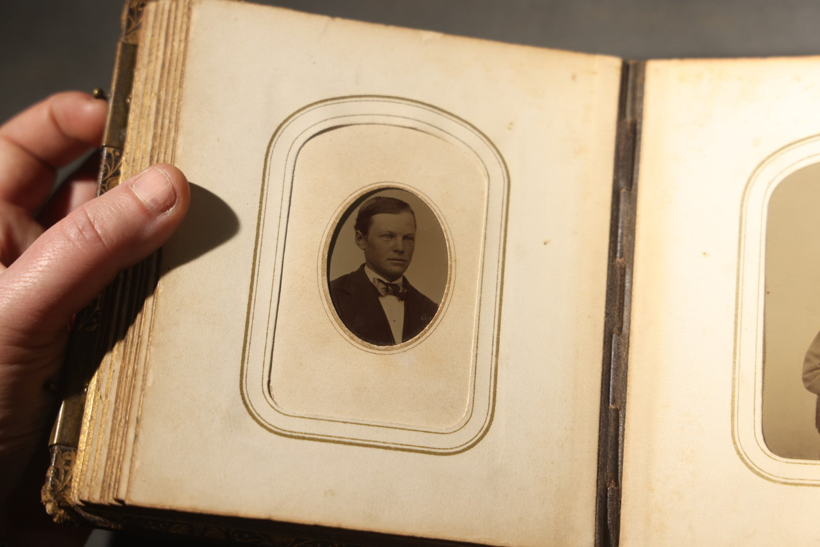 Antique Portrait Photo Album Containing 32 Tintype Photographs and 11 Carte de Visite C.D.V. Photographs, Leather Binding with Gauffered Edges, manufactured by Altemus & Co., Philadelphia, circa 1860s