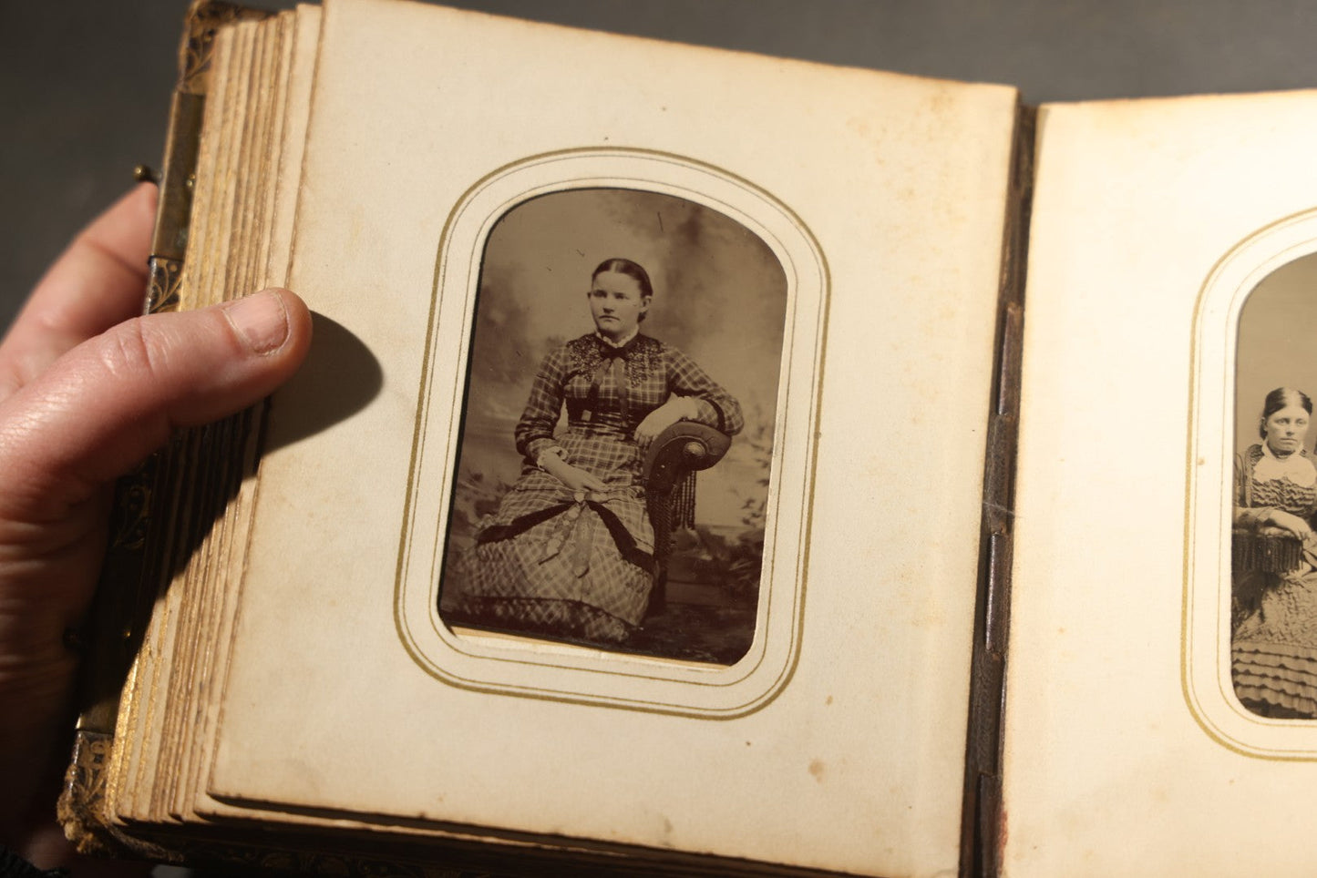 Antique Portrait Photo Album Containing 32 Tintype Photographs and 11 Carte de Visite C.D.V. Photographs, Leather Binding with Gauffered Edges, manufactured by Altemus & Co., Philadelphia, circa 1860s