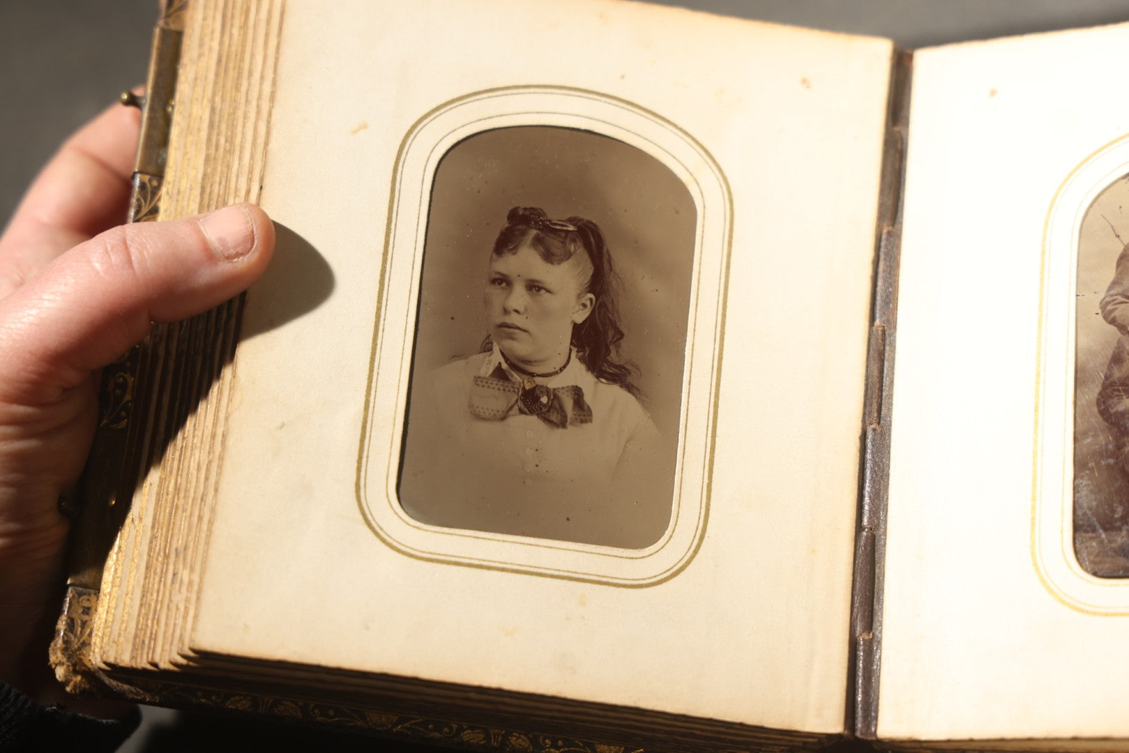 Antique Portrait Photo Album Containing 32 Tintype Photographs and 11 Carte de Visite C.D.V. Photographs, Leather Binding with Gauffered Edges, manufactured by Altemus & Co., Philadelphia, circa 1860s
