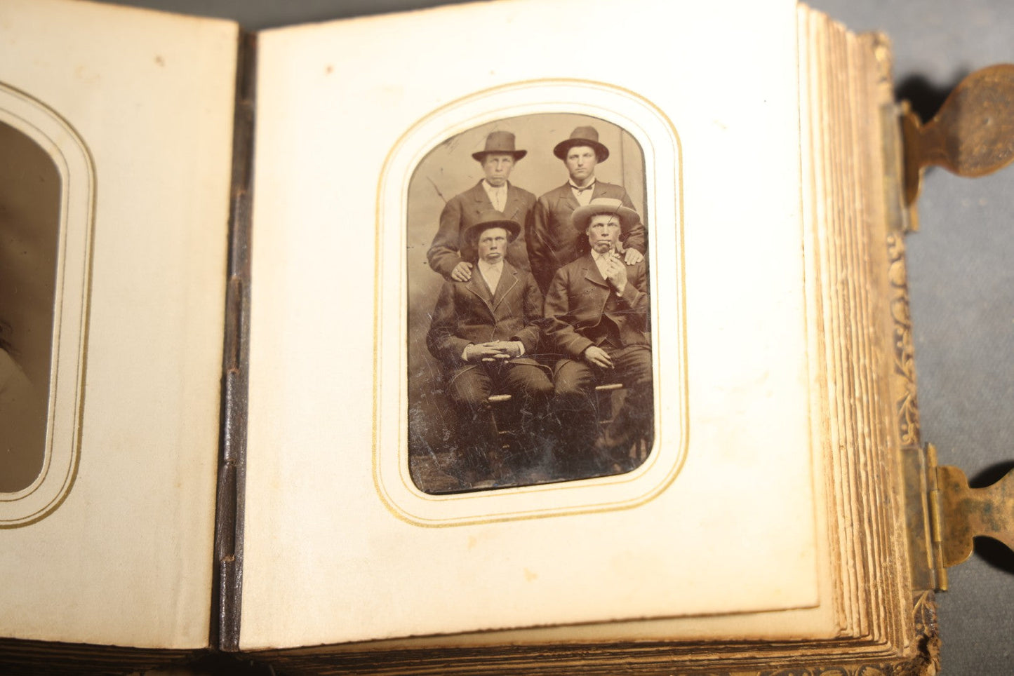 Antique Portrait Photo Album Containing 32 Tintype Photographs and 11 Carte de Visite C.D.V. Photographs, Leather Binding with Gauffered Edges, manufactured by Altemus & Co., Philadelphia, circa 1860s