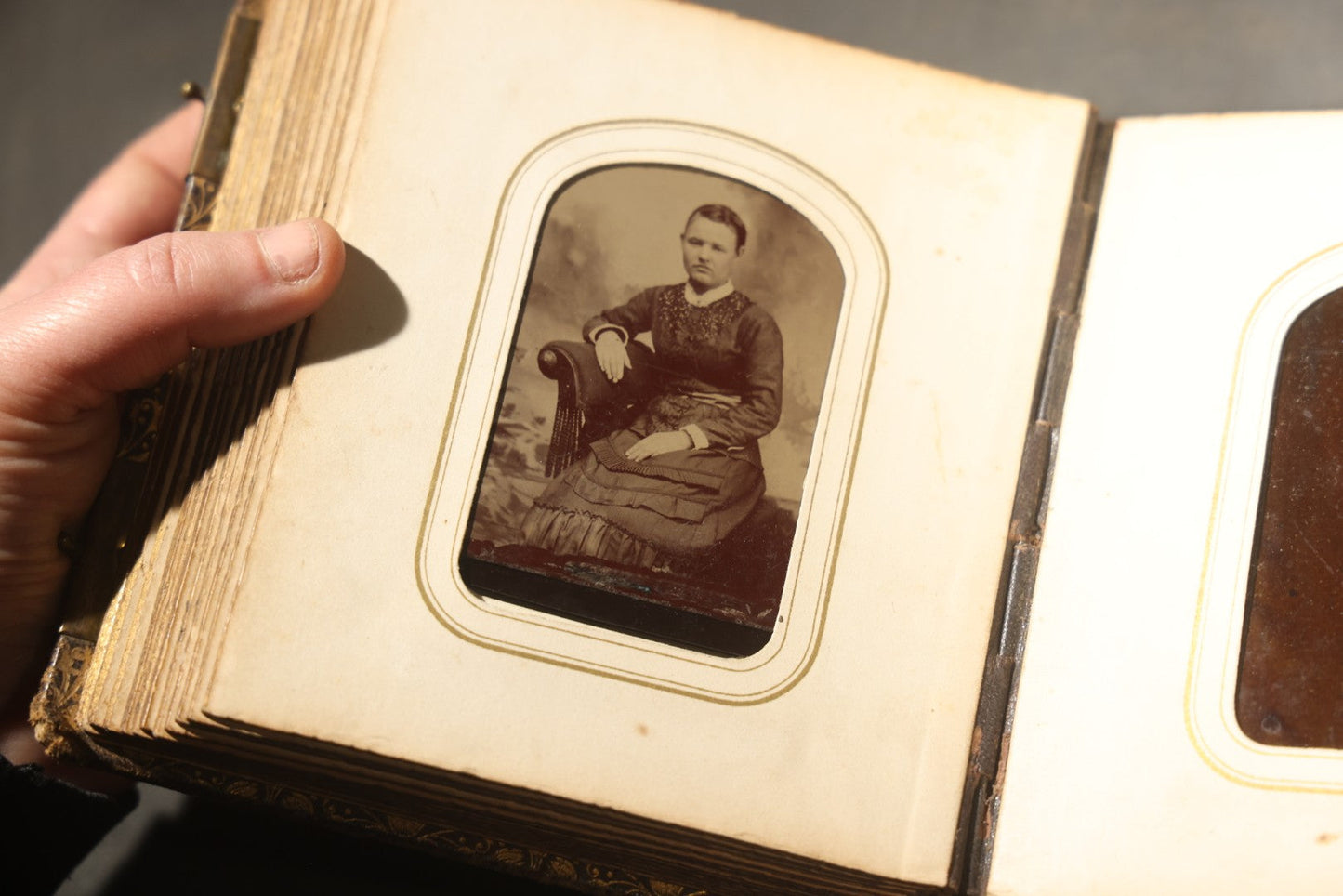 Antique Portrait Photo Album Containing 32 Tintype Photographs and 11 Carte de Visite C.D.V. Photographs, Leather Binding with Gauffered Edges, manufactured by Altemus & Co., Philadelphia, circa 1860s