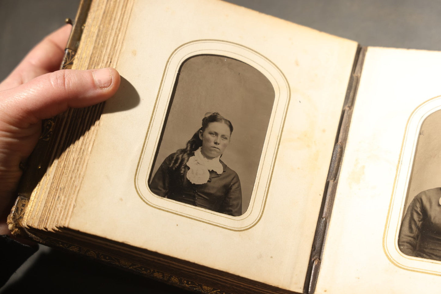 Antique Portrait Photo Album Containing 32 Tintype Photographs and 11 Carte de Visite C.D.V. Photographs, Leather Binding with Gauffered Edges, manufactured by Altemus & Co., Philadelphia, circa 1860s