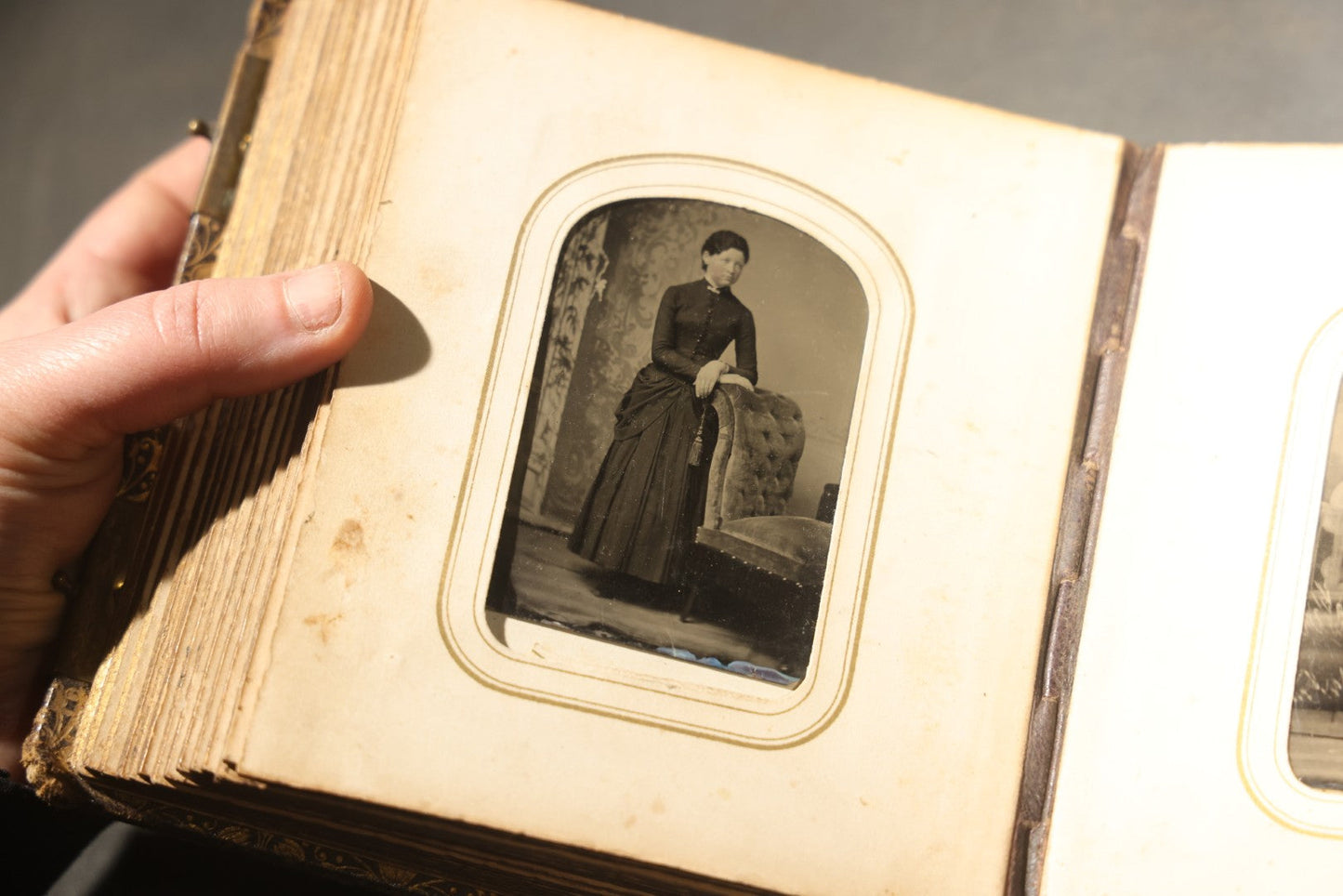 Antique Portrait Photo Album Containing 32 Tintype Photographs and 11 Carte de Visite C.D.V. Photographs, Leather Binding with Gauffered Edges, manufactured by Altemus & Co., Philadelphia, circa 1860s