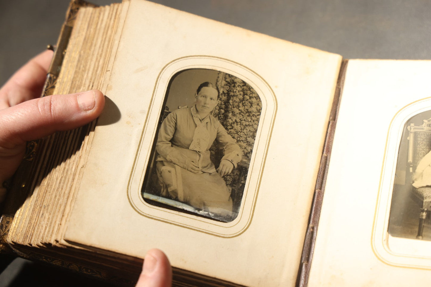Antique Portrait Photo Album Containing 32 Tintype Photographs and 11 Carte de Visite C.D.V. Photographs, Leather Binding with Gauffered Edges, manufactured by Altemus & Co., Philadelphia, circa 1860s