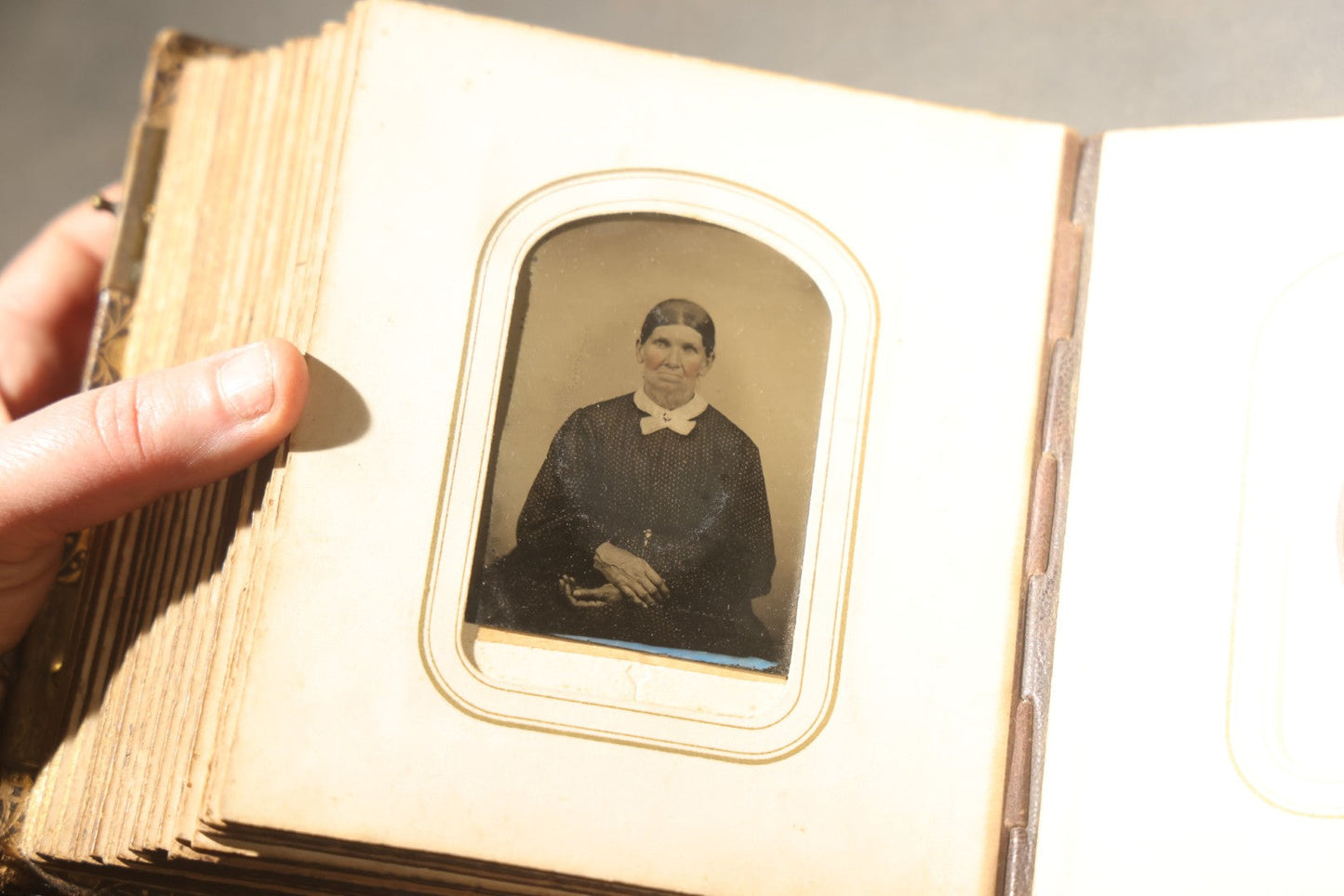 Antique Portrait Photo Album Containing 32 Tintype Photographs and 11 Carte de Visite C.D.V. Photographs, Leather Binding with Gauffered Edges, manufactured by Altemus & Co., Philadelphia, circa 1860s