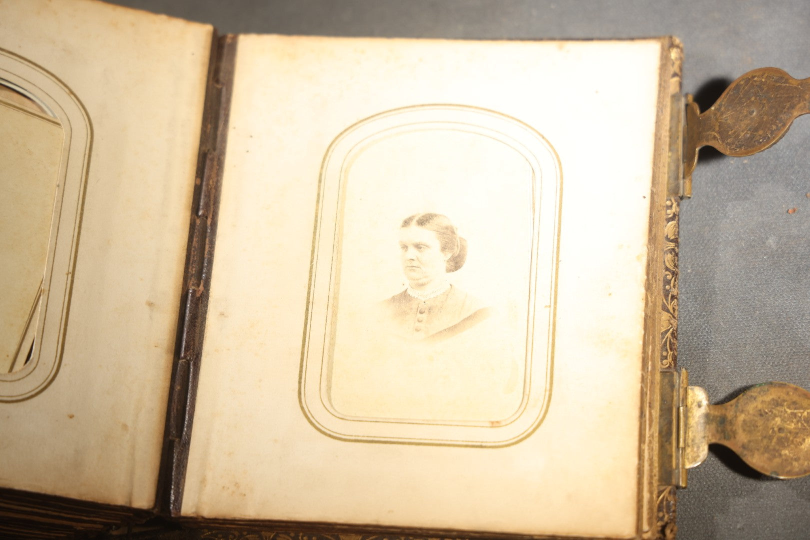 Antique Portrait Photo Album Containing 32 Tintype Photographs and 11 Carte de Visite C.D.V. Photographs, Leather Binding with Gauffered Edges, manufactured by Altemus & Co., Philadelphia, circa 1860s