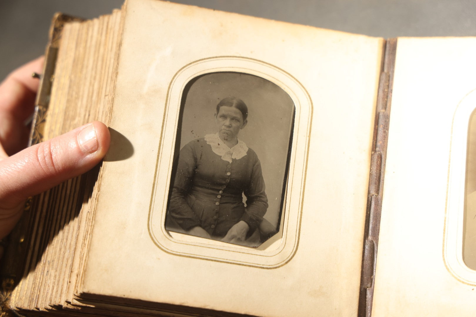 Antique Portrait Photo Album Containing 32 Tintype Photographs and 11 Carte de Visite C.D.V. Photographs, Leather Binding with Gauffered Edges, manufactured by Altemus & Co., Philadelphia, circa 1860s