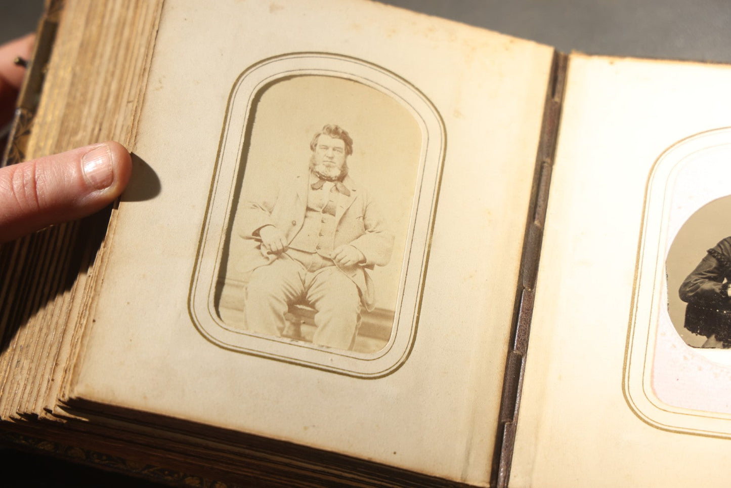Antique Portrait Photo Album Containing 32 Tintype Photographs and 11 Carte de Visite C.D.V. Photographs, Leather Binding with Gauffered Edges, manufactured by Altemus & Co., Philadelphia, circa 1860s