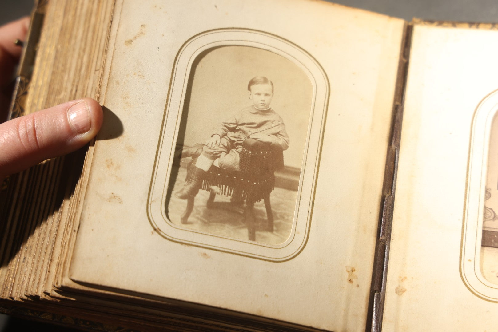 Antique Portrait Photo Album Containing 32 Tintype Photographs and 11 Carte de Visite C.D.V. Photographs, Leather Binding with Gauffered Edges, manufactured by Altemus & Co., Philadelphia, circa 1860s