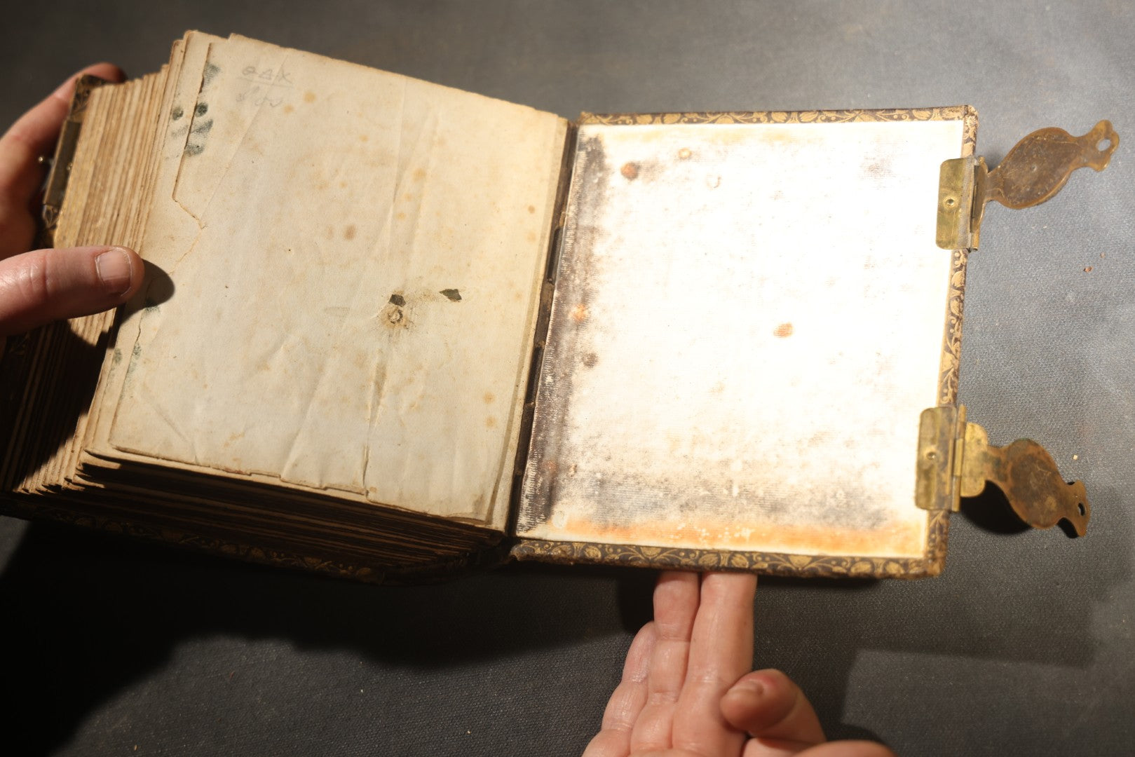 Antique Portrait Photo Album Containing 32 Tintype Photographs and 11 Carte de Visite C.D.V. Photographs, Leather Binding with Gauffered Edges, manufactured by Altemus & Co., Philadelphia, circa 1860s