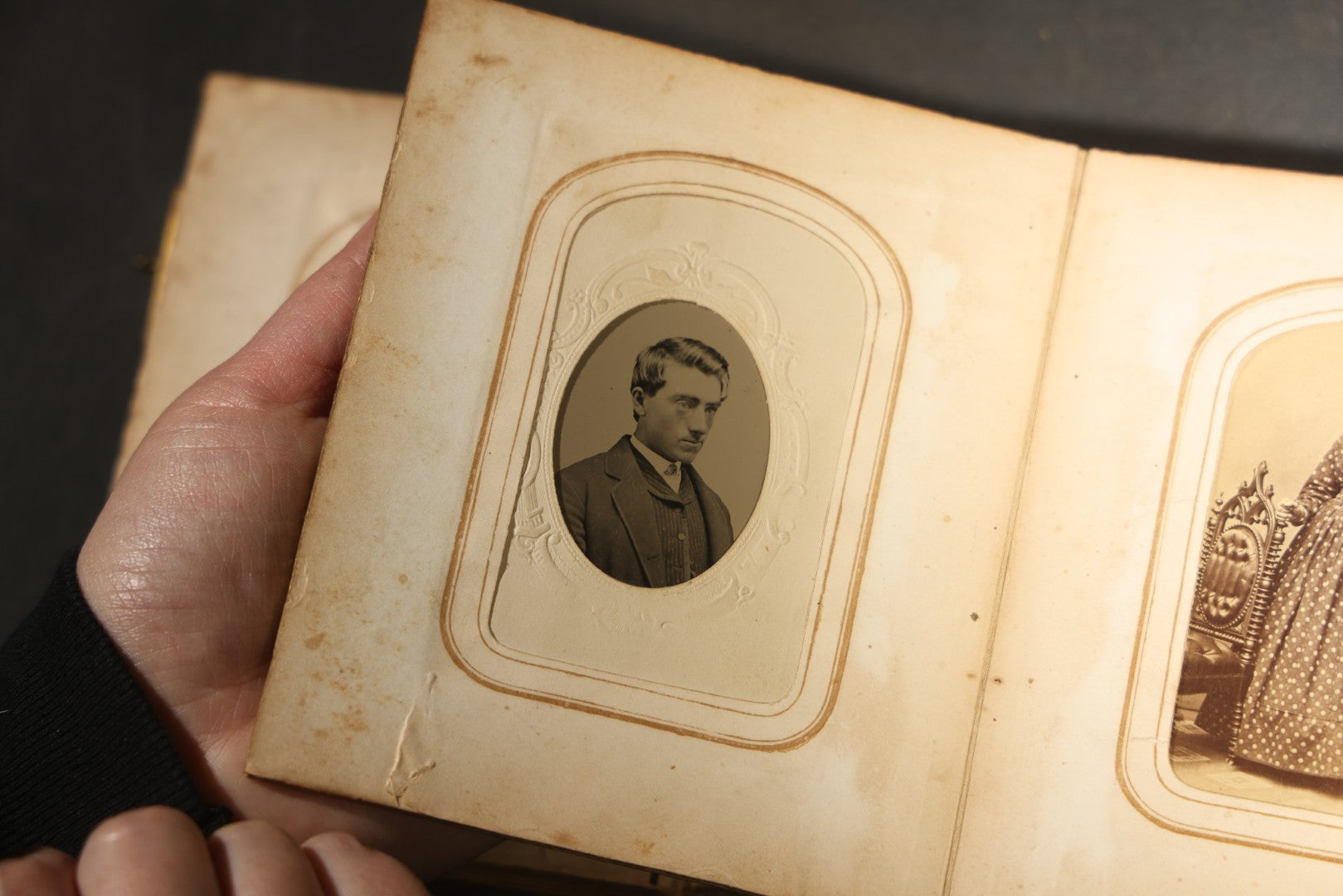 Antique Portrait Photo Album Containing 15 Tintype Photographs and 29 C.D.V. Photographs, Including Hand-Tinted Tintype Examples, note binding in poor condition