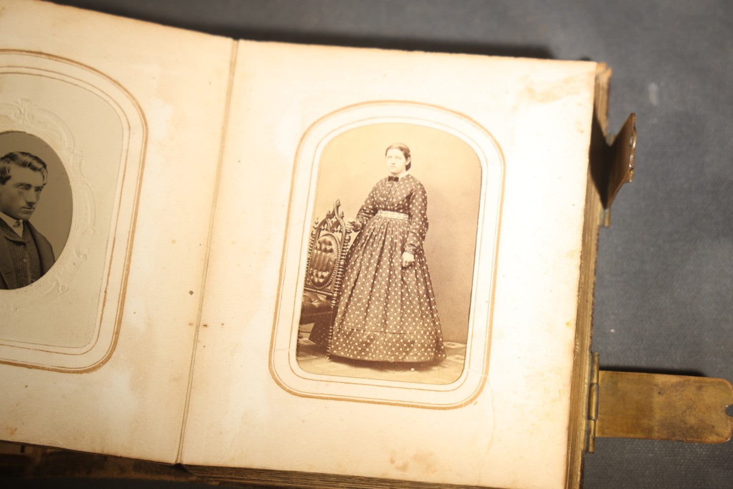 Antique Portrait Photo Album Containing 15 Tintype Photographs and 29 C.D.V. Photographs, Including Hand-Tinted Tintype Examples, note binding in poor condition