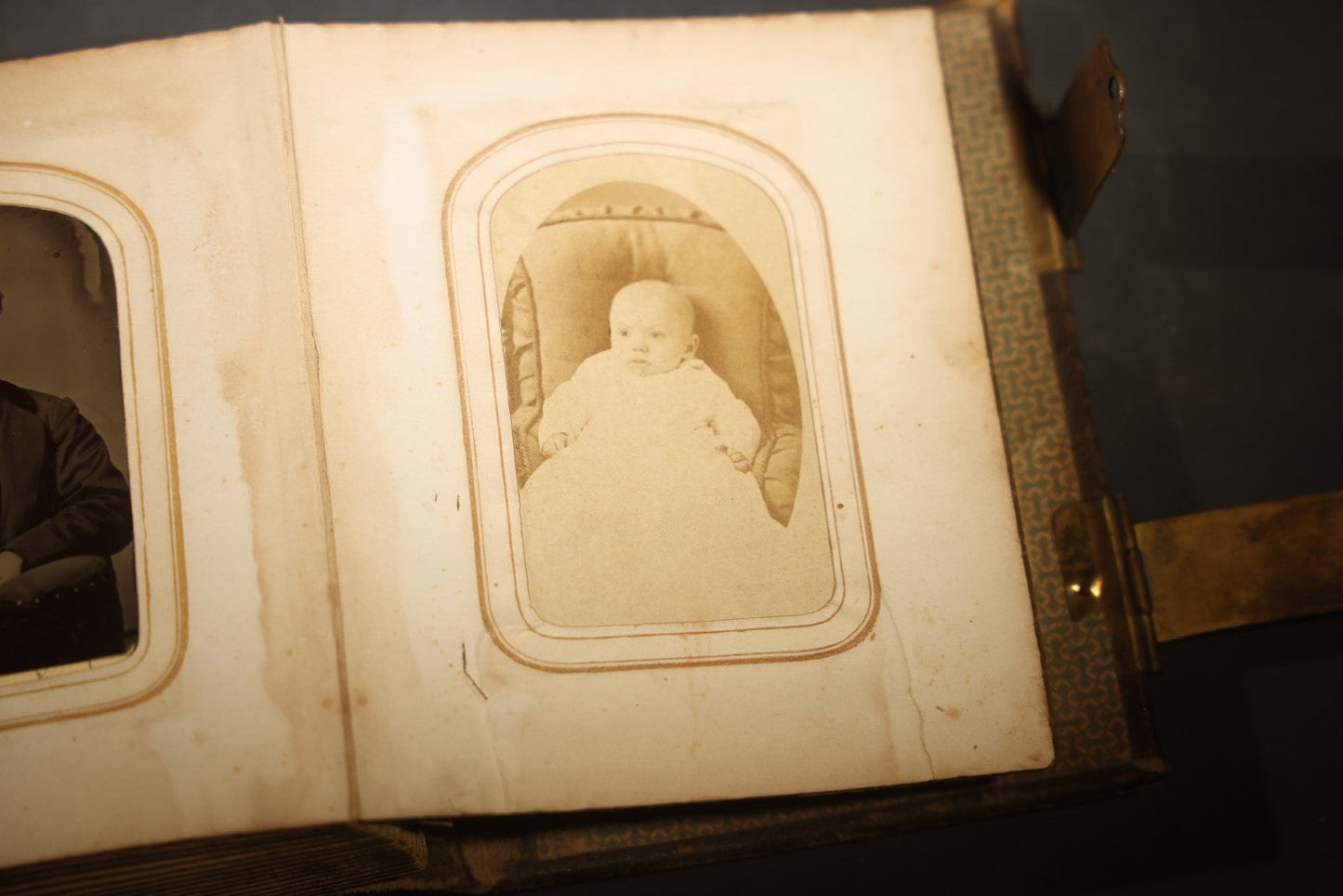 Antique Portrait Photo Album Containing 15 Tintype Photographs and 29 C.D.V. Photographs, Including Hand-Tinted Tintype Examples, note binding in poor condition