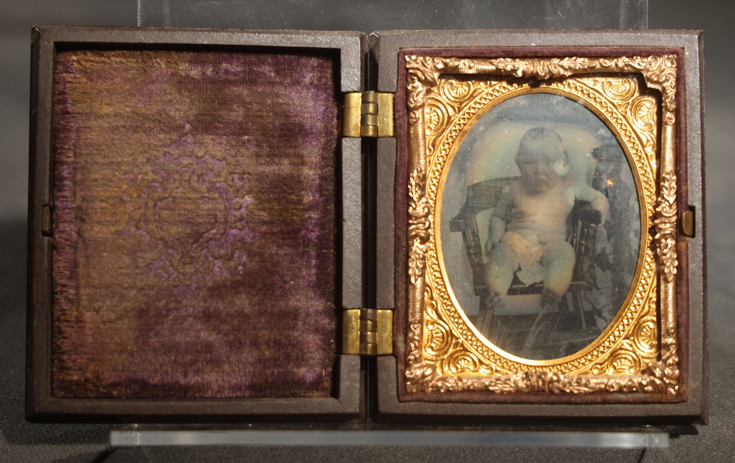Antique 1/9th Plate Ambrotype Photograph of a Seated Baby in Thermoplastic Union Case with Floral Motif