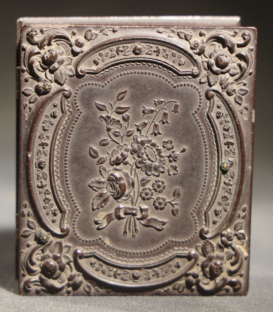 Antique 1/9th Plate Ambrotype Photograph of a Seated Baby in Thermoplastic Union Case with Floral Motif