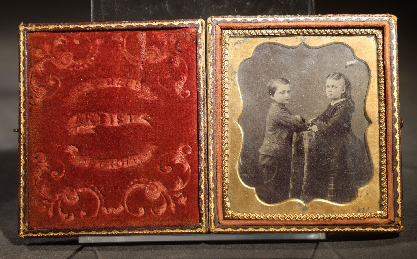 Antique 1/6th Plate Tintype Photograph of Two Children in Full Split Leatherette Case, Identified as Miriam and Joe Jones, case from G.E. Hall Artist Detroit Michigan